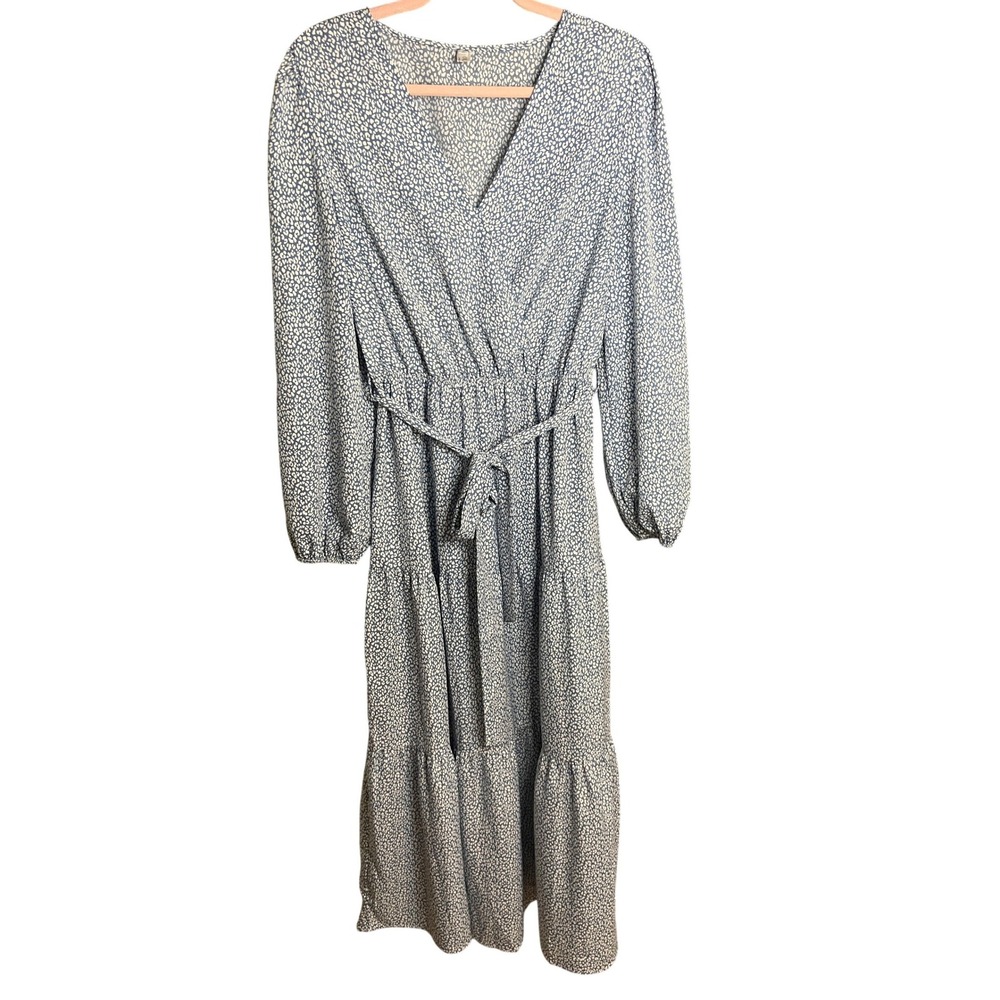 Blue White Animal Print Tiered Wrap Maxi Dress Cottage Parties Long Sleeve Large
